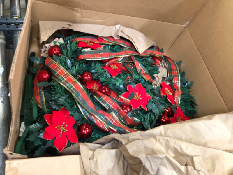 Photo 1 of 6ft Pre Lit Christmas Tree Pop Up Artificial Christmas Tree with 200 Warm Lights and Decorations, Xmas Trees Decorated with Red Gold Ball Ornaments Bows Ribbons Holiday Party Decoration