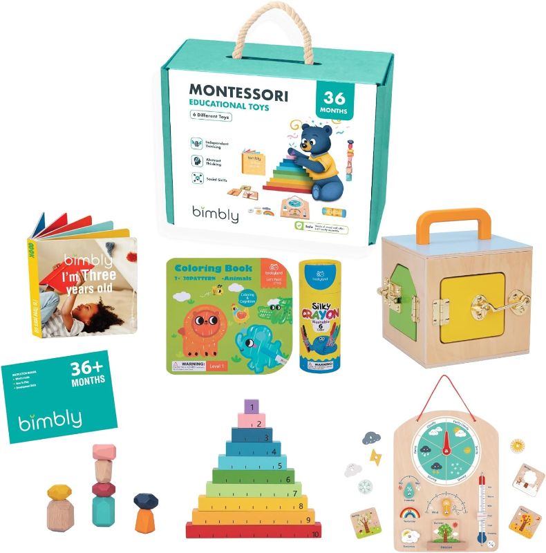 Photo 1 of bimbly Wooden Montessori Toys for 3+ Year Old | Educational Learning Resources Toys for 3-4 Year Olds, 36+ Months, Toddler Coloring Set, Lock Box, Stone Stacking Game & More
