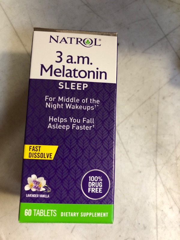 Photo 2 of EXP DATE 05/2025--Natrol 3 A.M. Melatonin Fast Dissolve Sleep Aid Supplement, Fall Back to Sleep, Dissolves in Mouth, Drug Free, 60 Lavender Vanilla Flavored Tablets 60 Count (Pack of 1) 3 AM Melatonin