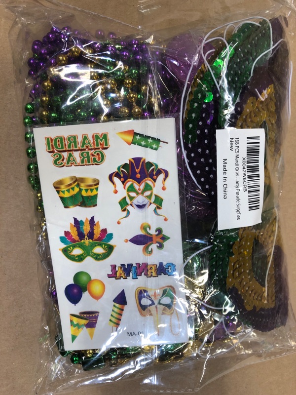 Photo 2 of 202 PCS Mardi Gras Party Favors Set, including 6 Pcs Mardi Gras Mask 24 Pcs Beads Necklace 66 Pcs Plastic Coins and 72 Pcs Temporary Tattoos for Masquerade Party Parade Supplies