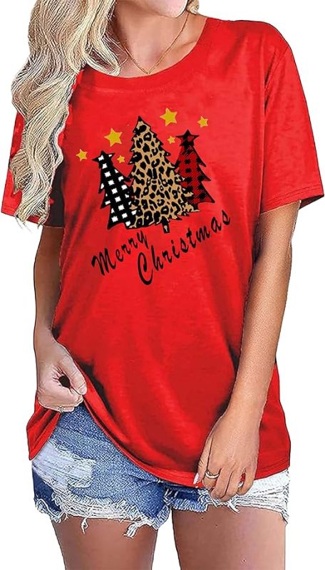 Photo 1 of Merry Christmas T-Shirt Christmas Tree Reindeer Pattern T-Shirt Leopard Print Plaid Short-Sleeved T-Shirt