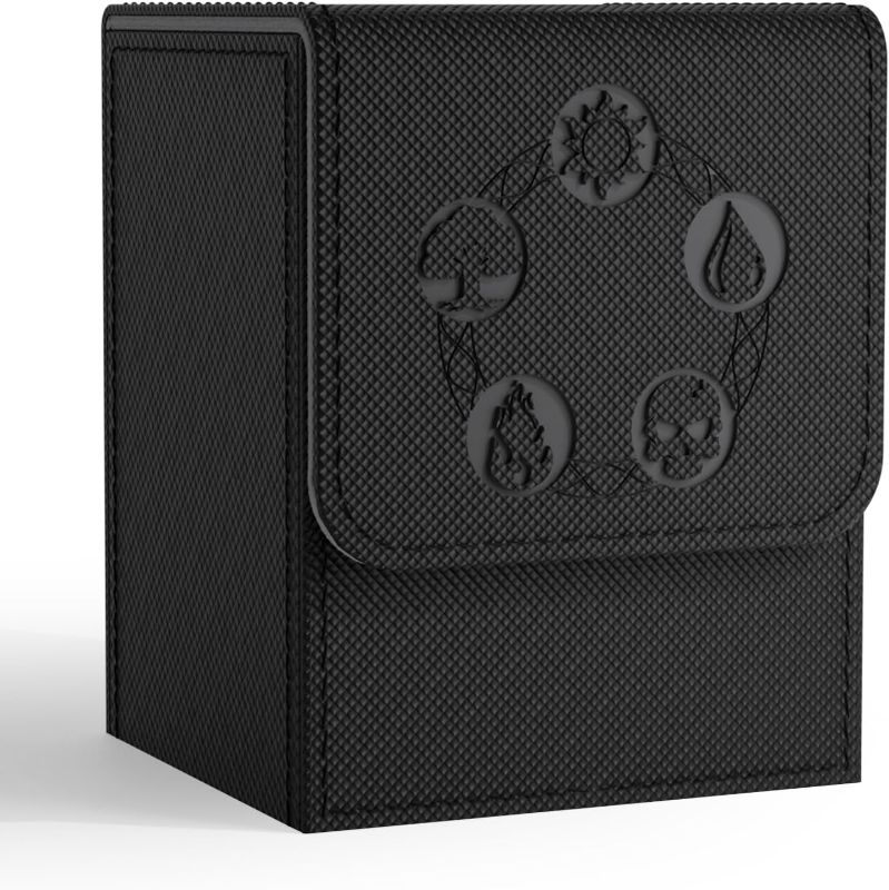 Photo 1 of MTG Deck Box with 100 Pcs Card Sleeves, Large Card Deck Box Fit 100+ Single Sleeved Cards for Commander, TCG, CCG, PU Leather Strong Magnet Card Case Holder Storage (Black)