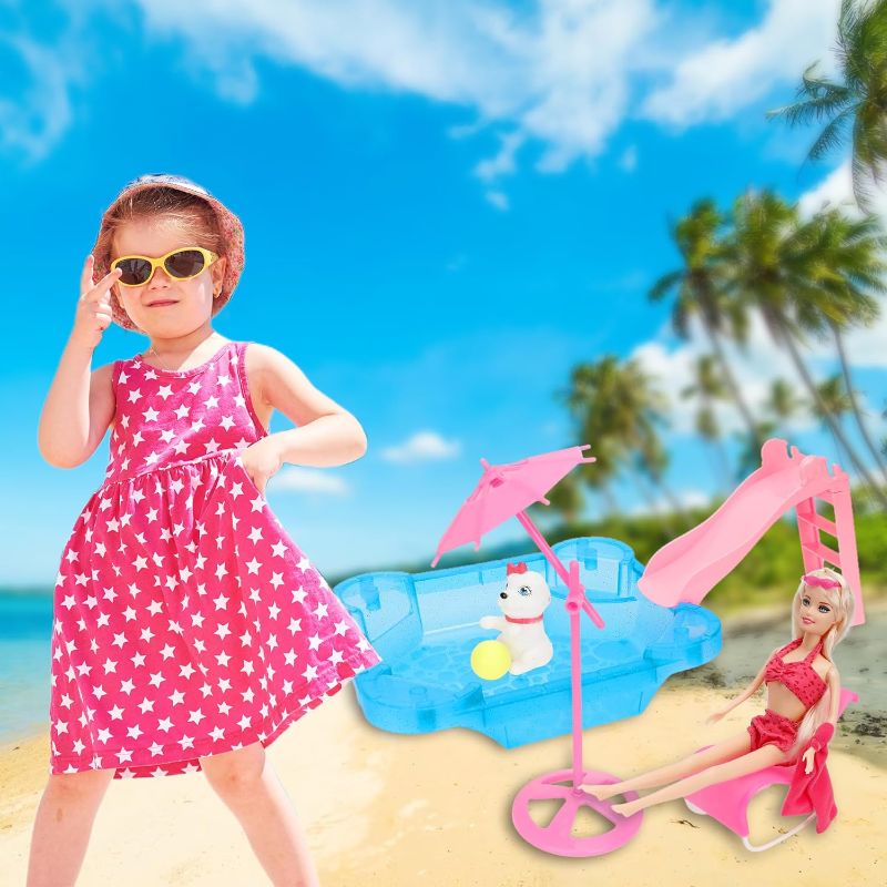 Photo 1 of 
MOKIDOLL Blond Hair Doll Glam Pool and Slide, 12" Summer Beach Swimming Suit Doll Playset, with Umbrella and Chair. Great Gift for Girls Age 3 4 5 6 7...