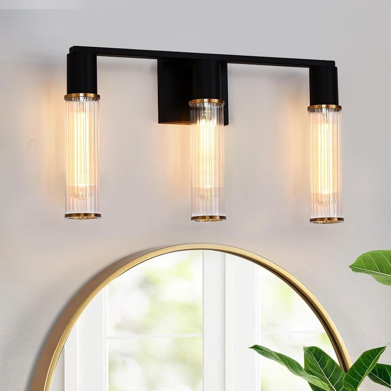 Photo 1 of 
Eatich Bathroom Light Fixtures, 3-Light Black and Gold Vanity Light, Modern Vintage Gold Wall Sconce with Threaded Glass Shade, Vanity Lights for Bathroom,...
