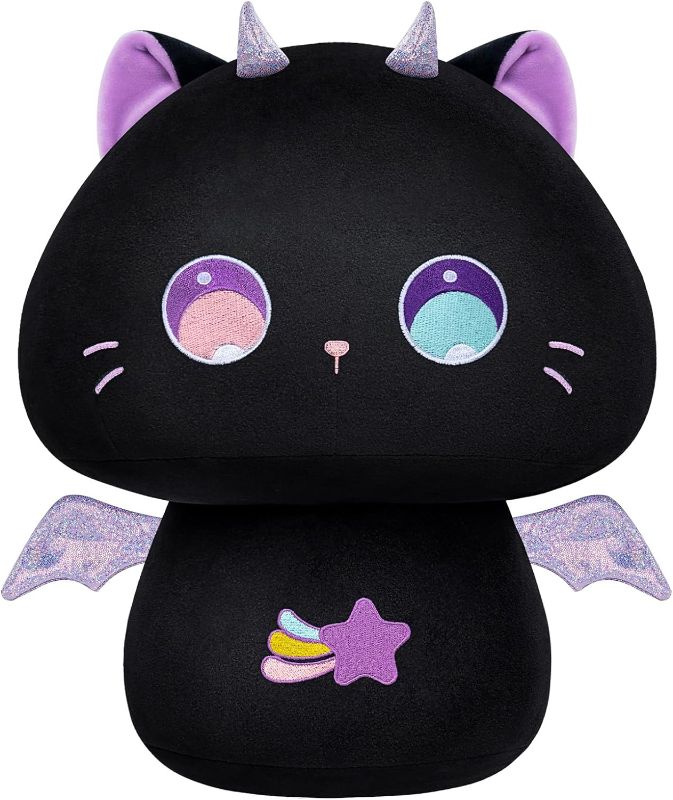 Photo 1 of 14” Mushroom Plush, Cute Black Cat Plush Pillow Soft Plushies Squishy Pillow, Purple Big Eye Cat Stuffed Animals, Kawaii Plush Toys Decoration