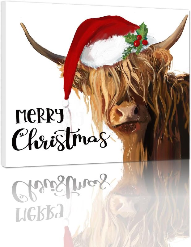 Photo 1 of 
YPY Highland Cow Canvas Wall Art: Merry Christmas Cow Decorations for Home - Red Hat Cow Picture Farmhouse Decor Cute Farm Animal Print Framed Poster for...