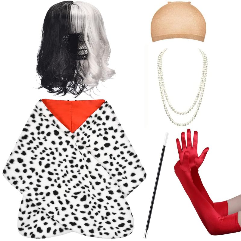 Photo 1 of  Halloween Costume Women 2022 - Black and White Wig,Dalmatian Shawl,Red Gloves,Necklace and Wig Cap Accessories for Adult (Short Wig)
Pattern Name:Short Wig