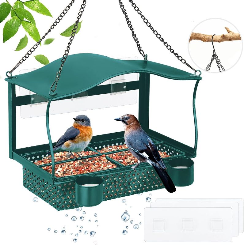 Photo 1 of 
Window Bird Feeder for Outside, FANSHI Window Metal Bird Feeders with Hanging Chain, 3 Adhesive Sheets, 2 Water Cups & Removable Tray, Wild Bird Feeders...