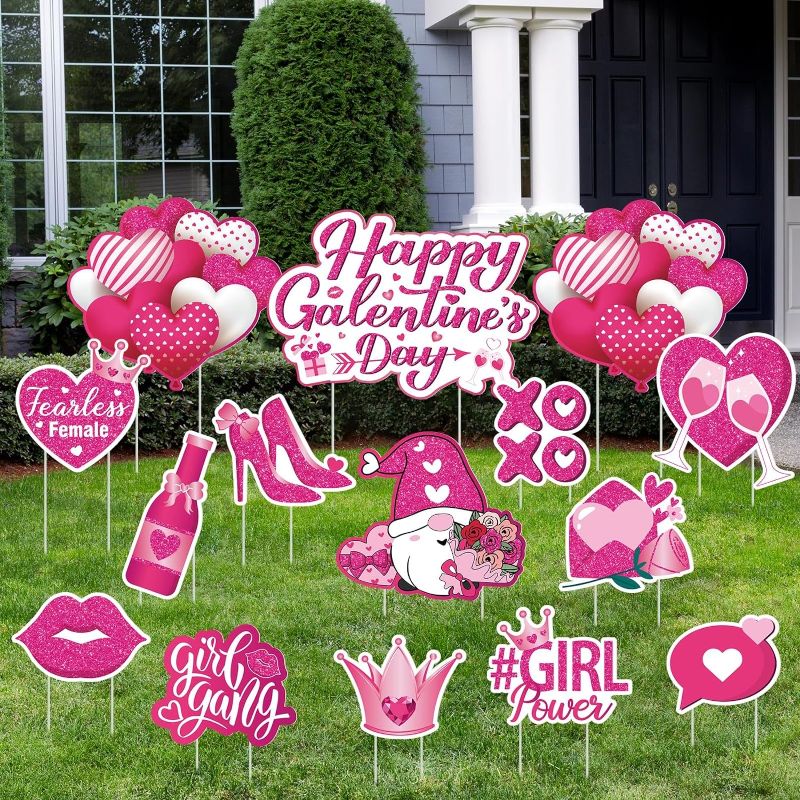 Photo 1 of 15 Pcs Galentine's Day Decorations Yard Signs Outdoor Heart Gnomes Balloon Lawn Decorations Pink Happy Galentine's Day Lawn Signs for Galentine's Day Lawn Garden Yard Decorations