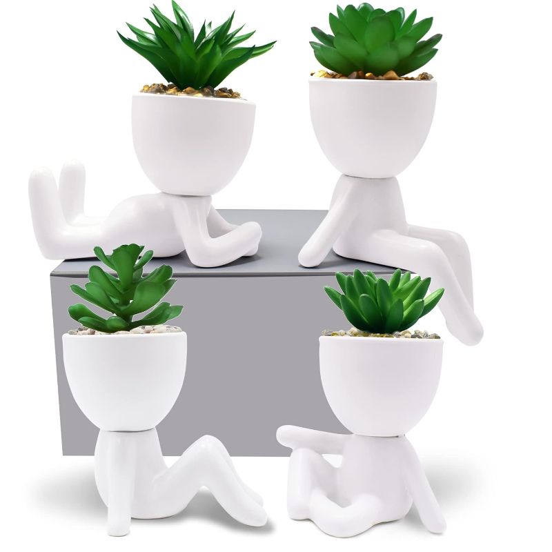 Photo 1 of 4 PCS Artificial Succulent Plants with Creative Ceramic Human Figure Planter Pot, Mini Potted Planter Succulent Decor for Desktop Office Bedroom Table (Ceramic White)