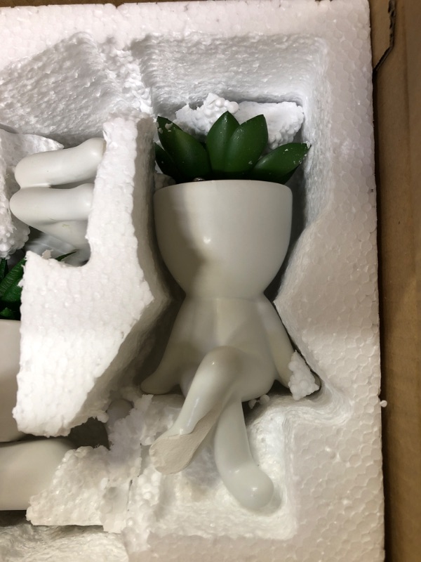 Photo 3 of 4 PCS Artificial Succulent Plants with Creative Ceramic Human Figure Planter Pot, Mini Potted Planter Succulent Decor for Desktop Office Bedroom Table (Ceramic White)