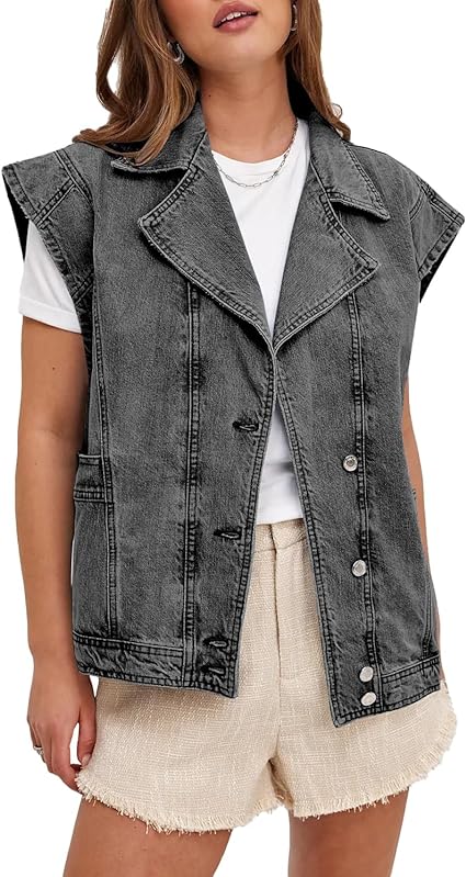 Photo 1 of Fessceruna Women's Oversized Denim Vest Cap Sleeve Lapel Collar Button Down Jackets with Pockets Large Blue