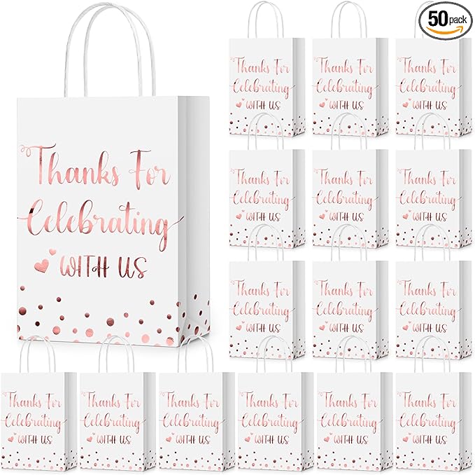 Photo 1 of Ctosree 50 Pcs Wedding Gift Bag Thanks for Celebrating with Us Paper Bags Wedding Gift Bags with Handle for Hotel Guests Wedding Gift Bag for Bridal Shower Party Favors (Pink, Gold)