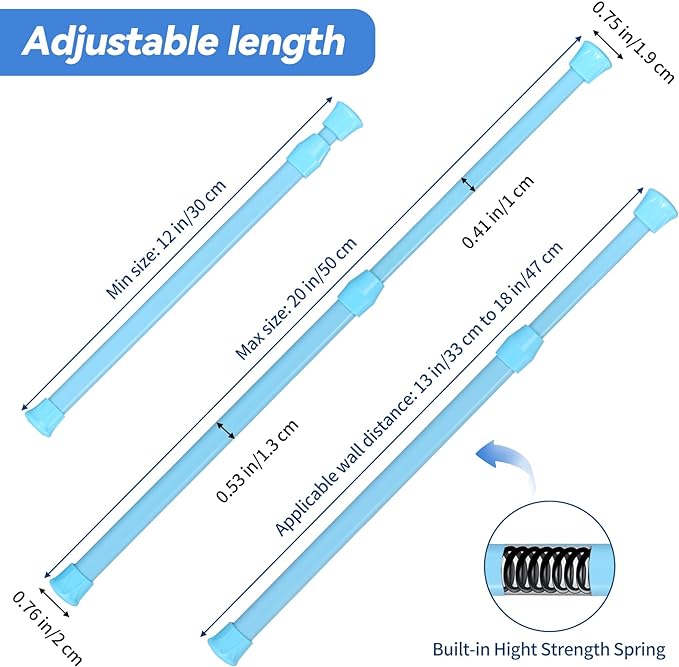 Photo 1 of 4 Pcs Tension Rod, Goowin Short Tension Rod, No Drilling Small Tension Rods for Closet, Rustproof Spring Rod, Mini Thin Tension Rods for Cabinets, Cupboard, Wardrobe Bars, Bookcase (Blue, 12-20 inch)