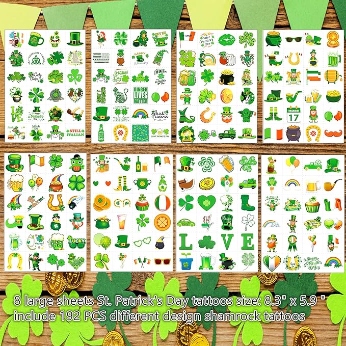 Photo 1 of Zomme 192 PCS Unique Design St Patricks Day Tattoos, Include Shamrock Tattoos, Green Temporary Tattoos and St. Patrick's Day Tattoos Stickers, Lucky Clover Temporary Tattoos for Party Favors Accessories or Irish Party