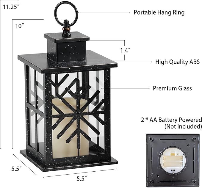 Photo 2 of 11 High ABS and Glass Decorative Hanging Lanterns, Set of 2 - Black Lanterns with LED Flickering Candles, 6-Hour Timer, Battery Powered, Snowflake Pattern for Christmas - Ideal for Indoor Tab