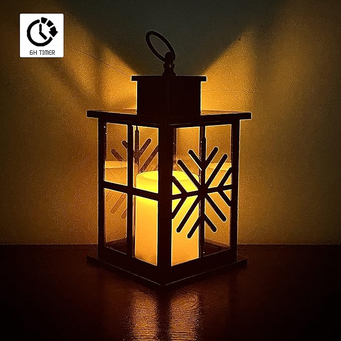 Photo 1 of 11 High ABS and Glass Decorative Hanging Lanterns, Set of 2 - Black Lanterns with LED Flickering Candles, 6-Hour Timer, Battery Powered, Snowflake Pattern for Christmas - Ideal for Indoor Tab