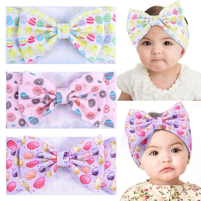 Photo 1 of 3PCS Easter Baby Headbands, Elastic Baby Girl Bows Egg Printed Nylon Hairbands for Baby Girls Newborn Infant Toddler
