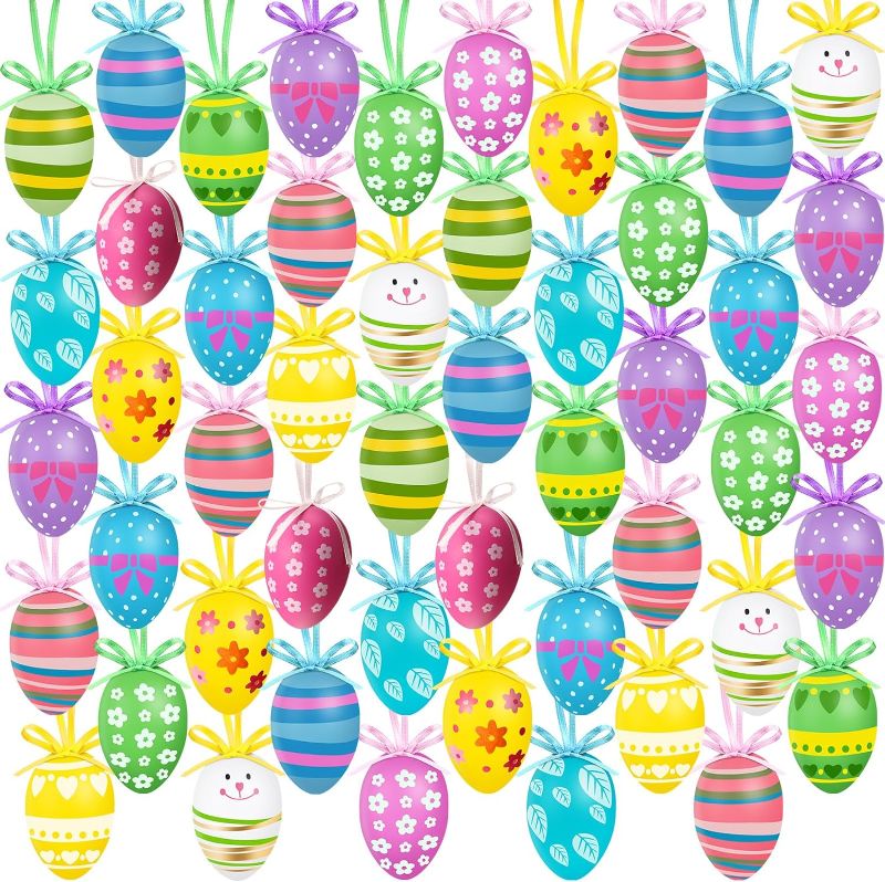 Photo 1 of 72 Pieces Easter Tree Ornaments 12 Styles Easter Hanging Ornaments Tree Decor Plastic Easter Eggs Multicolored Easter Tree Decorations for Tree Basket DIY Crafts Easter Party Favors

