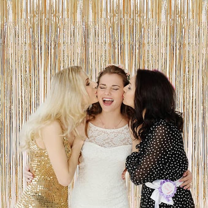 Photo 1 of 3ft x 8.3ft Champagne Gold Metallic Tinsel Foil Fringe Curtains -Artdly 2Pcs Streamers Backdrops Champagne Gold Tinsel Curtain Backdrop for Birthday Baby Shower Graduation Wedding Party