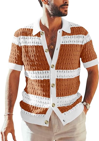 Photo 1 of Gafeng Mens Short Sleeve Knit Shirts Button Down Color Block See Through Sexy Polo T-Shirts