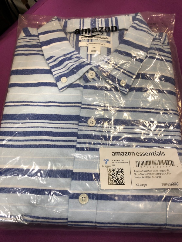 Photo 2 of Amazon Essentials Men's Regular-Fit Short-Sleeve Pocket Oxford Shirt XX-Large Blue Horizontal Stripe