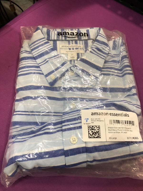 Photo 2 of Amazon Essentials Men's Regular-Fit Short-Sleeve Pocket Oxford Shirt XX-Large Blue Horizontal Stripe