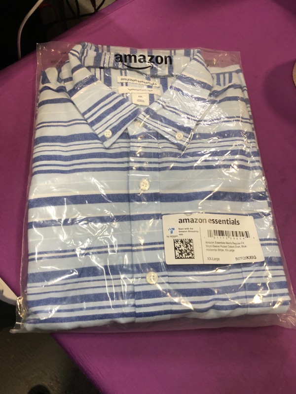 Photo 2 of Amazon Essentials Men's Regular-Fit Short-Sleeve Pocket Oxford Shirt XX-Large Blue Horizontal Stripe