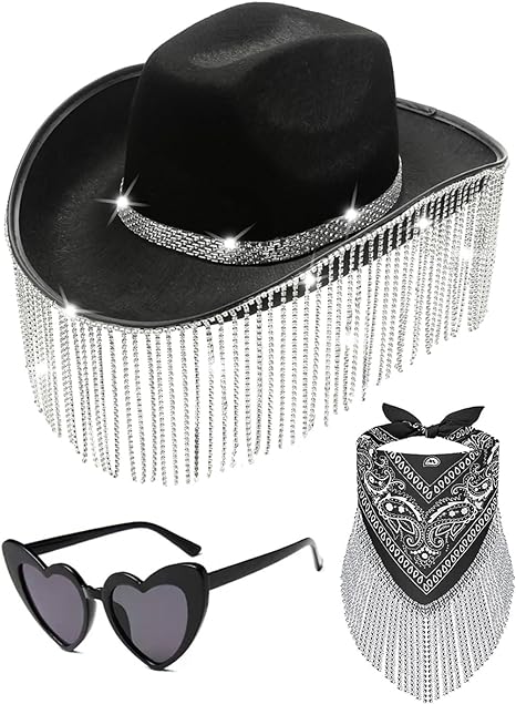 Photo 1 of Black Rhinestone Cowgirl Hat for Women - Black Cowboy Hats Fringe - Western Bride Bachelorette Wedding Cosplay Party Costume (Black)