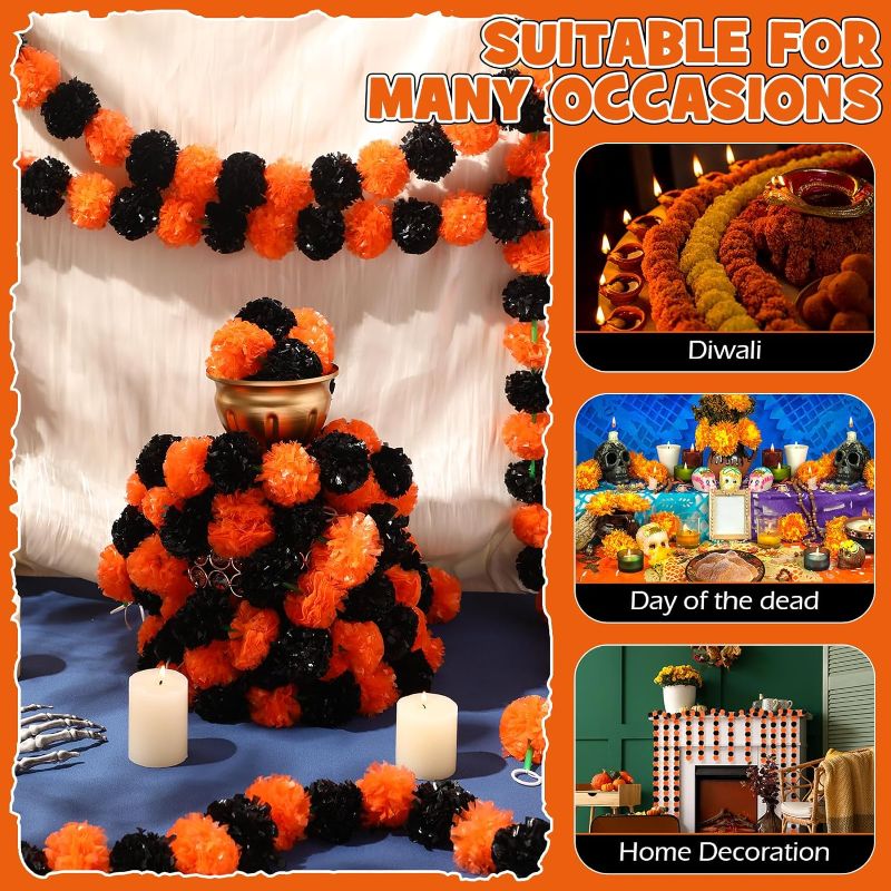 Photo 1 of  10 Pcs 5 ft Orange Marigold Garland Day of The Dead Artificial Marigold Flowers Garland for Wedding Indian Diwali Decoration, Dia De Los Muertos Decoration (Orange and Black)