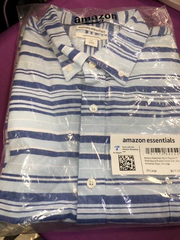 Photo 2 of Amazon Essentials Men's Regular-Fit Short-Sleeve Pocket Oxford Shirt XX-Large Blue Horizontal Stripe