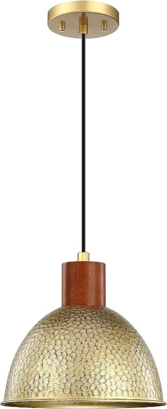 Photo 1 of 1 Light 9" Vintage Kitchen Island Pendant Light Fixtures,Industrial Hammer Metal Hanging Light Rubber Wood Gold Finish Pendant Lamp for Farmhouse Dining Room Over Sink