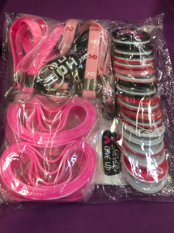 Photo 2 of 100 Pcs Breast Cancer Awareness Accessories,20 Silicone Breast Cancer Bracelets,20 Pink Ribbon Buttons,12 Ribbon Keychains for Women,48 Face Tattoos for Charity Event Survivor Supplies