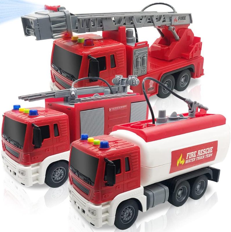 Photo 1 of ArtCreativity Light Up Fire Trucks for Kids, Set of 3, Includes Ladder Truck, Tanker Truck, & Engine Truck, Fire Trucks with Real Water Spraying, LEDs, & Sound, Push n Go Fire Trucks for Boys & Girls