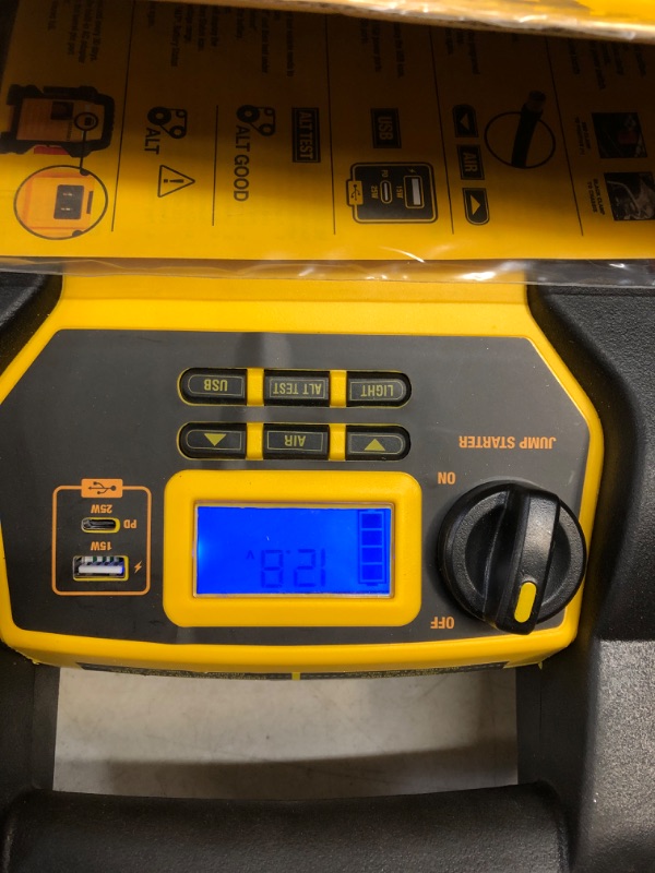 Photo 2 of DEWALT DXAEJ14-Type2 Digital Portable Power Station Jump Starter - 1600 Peak Amps with 120 PSI Compressor, AC Charging Cube, 15W USB-A and 25W USB-C Power for Electronic Devices 1600 Amps