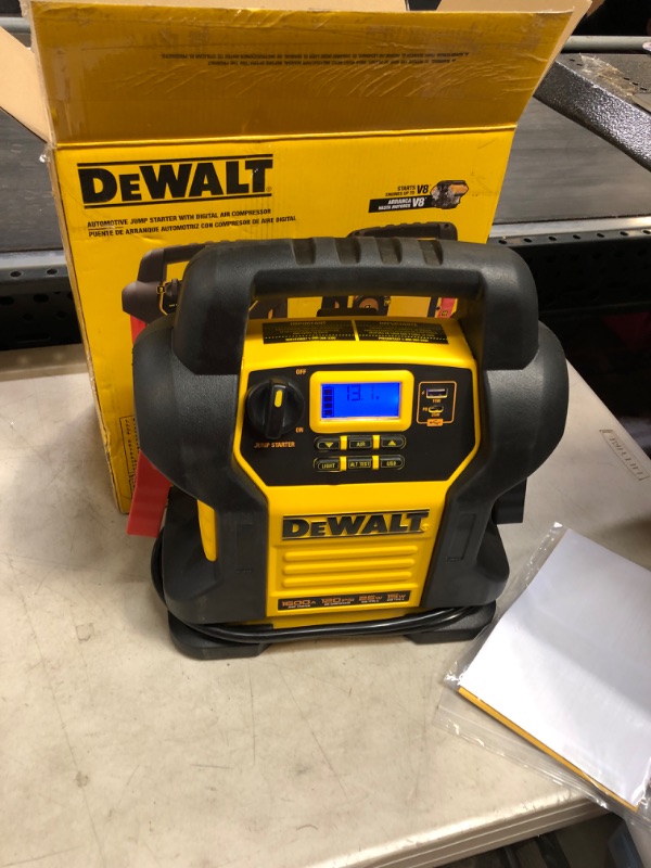 Photo 2 of DEWALT DXAEJ14-Type2 Digital Portable Power Station Jump Starter - 1600 Peak Amps with 120 PSI Compressor, AC Charging Cube, 15W USB-A and 25W USB-C Power for Electronic Devices 1600 Amps