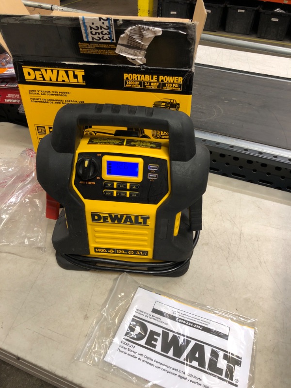 Photo 1 of DEWALT DXAEJ14 Digital Portable Power Station Jump Starter: 1400 Peak/700 Instant Amps, 120 PSI Digital Air Compressor, 3.1A USB Ports, Battery Clamps , Yellow