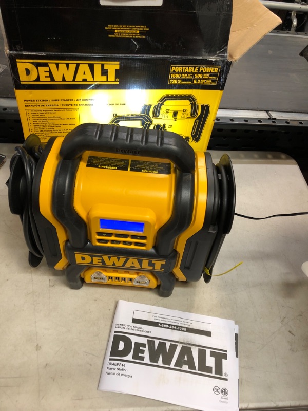 Photo 2 of DEWALT DXAEPS14 1600 Peak Battery Amp 12V Automotive Jump Starter/Power Station with 500 Watt AC Power Inverter, 120 PSI Digital Compressor, and USB Power , Yellow