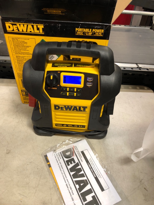 Photo 2 of DEWALT DXAEJ14 Digital Portable Power Station Jump Starter: 1400 Peak/700 Instant Amps, 120 PSI Digital Air Compressor, 3.1A USB Ports, Battery Clamps , Yellow