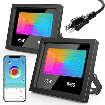 Photo 1 of LED Flood Lights RGBW Color Changing Outdoor 200W Equivalent,25W Bluetooth Smart Floodlights RGBW APP Control, IP66 Waterproof,16 Million Colors 20 Modes for Garden Stage Lighting (Bright 25W*2)