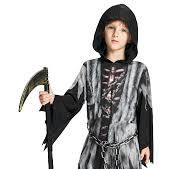 Photo 1 of AlecosFun Kids Halloween Grim Reaper Costume, Scythe Chains Skeleton Bones Hooded Outfits for Children Dress Up 3-10 Years