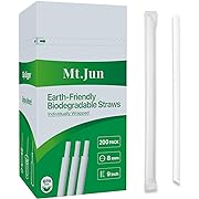 Photo 1 of 200 Count Biodegradable Wide Straws (8mm x 9inch), Individually Wrapped, Eco-Friendly Plant-based PLA Material - for Enhanced Drinking Experience