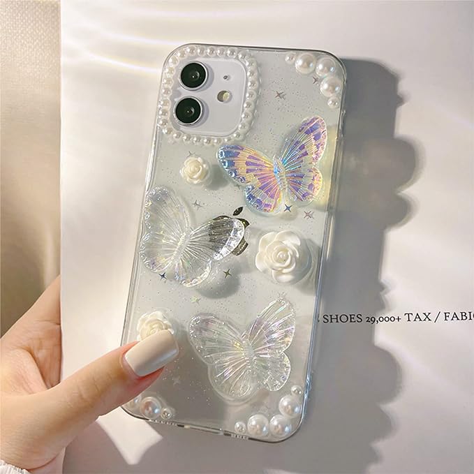 Photo 1 of ZXCDINO Compatible with Phone 14PRO 3D Butterfly Floral Rose Pearl Design Aesthetic Women Cute Girly Glitter Pretty Crystal Sparkly Star Phone Cases Protective Cover+Lanyard