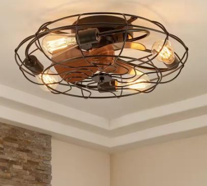 Photo 1 of 20 in. 4-Light Indoor Black Wood Grain Industrial Metal Cage Enclosed Ceiling Fan with Light Kit and Remote
