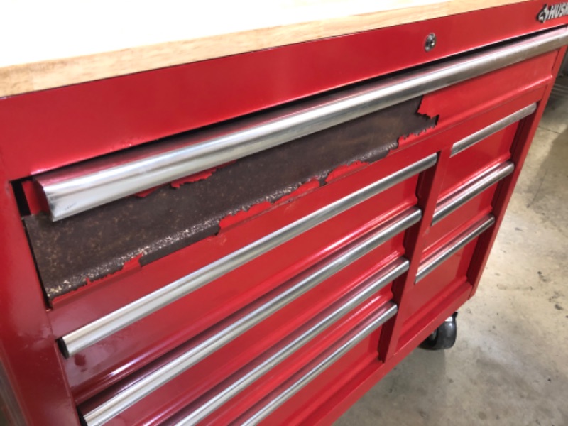 Photo 5 of 42 in. W x 18.1 in. D 8-Drawer Red Mobile Workbench Cabinet with Solid Wood Top
MISSING KEYS 