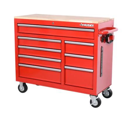Photo 1 of 42 in. W x 18.1 in. D 8-Drawer Red Mobile Workbench Cabinet with Solid Wood Top
MISSING KEYS 
