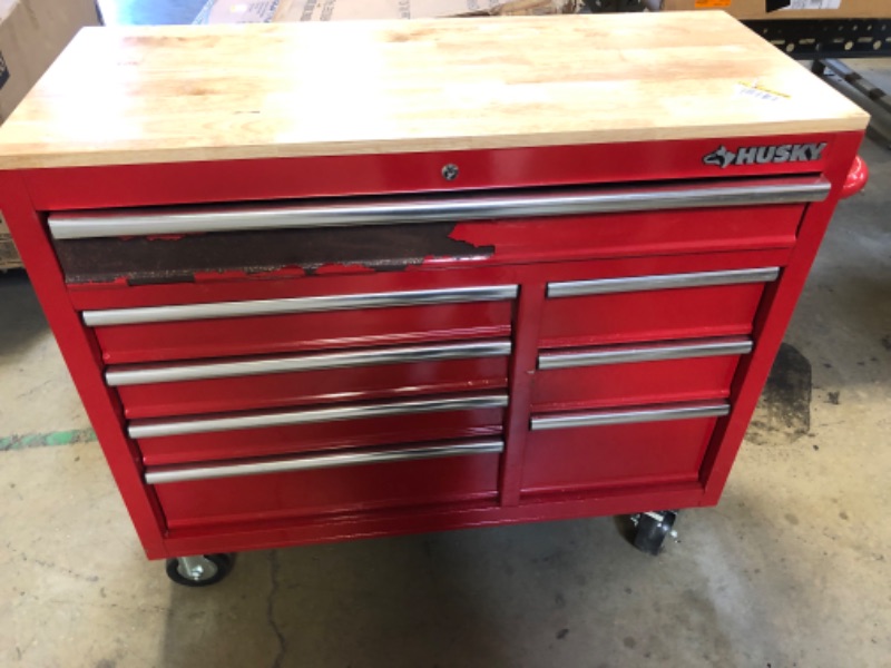 Photo 3 of 42 in. W x 18.1 in. D 8-Drawer Red Mobile Workbench Cabinet with Solid Wood Top
MISSING KEYS 