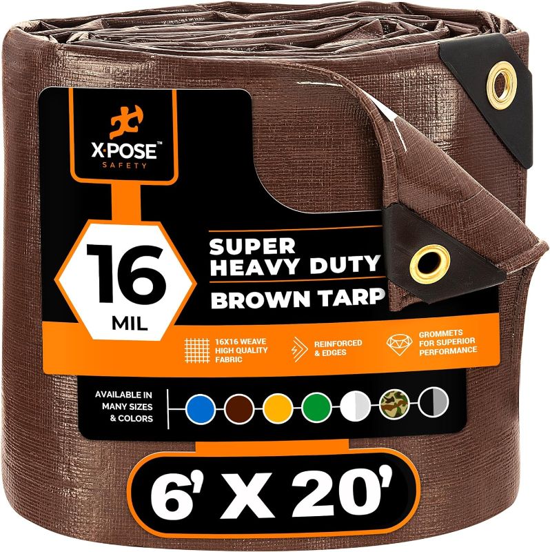 Photo 1 of 6' x 20' Super Heavy Duty 16 Mil Brown Poly Tarp Cover - Thick Waterproof, UV Resistant, Rip and Tear Proof Tarpaulin with Grommets and Reinforced Edges - by Xpose Safety

