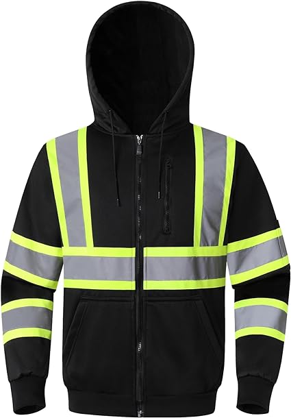 Photo 1 of Kazsaifo High Visibility Safety Hoodies for Men Women Class 3 Reflective Full Zip Hooded Fleece Sweatshirt Hi Vis Zip Up Hoodies with Black Bottom and Pockets(KZV--5XL)
