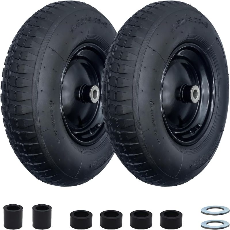 Photo 1 of 2-Pack 4.80/4.00-8" Pneumatic Wheelbarrow Wheel and Tires with 3"- 7" Center Hub and 5/8" Bushings for Wheelbarrow and Yard Cart Garden Wagon